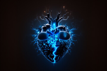 front view of human heart glowing blue light modern technology black background