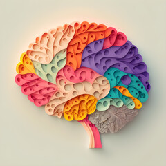 Papercut Brain Illustration. Flat Quilled Neural Areas Medical Design. Generative AI.