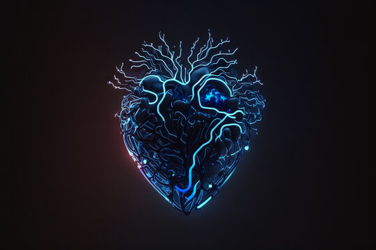 human heart glowing blue light modern technology black background