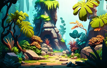 Bright rocky landscape of jungle or tropics in watercolor cartoon style.AI generated.