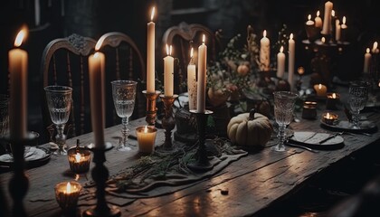  a long table with candles and dishes on it in a dark room with pumpkins and other decorations on the table and on the table.  generative ai