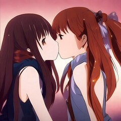 Kissing Girls Illustration. Painting Graphic Wallpaper of two kissing girls Impression. Expression made with Generative AI