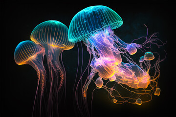 Fototapeta premium The Little Swimmer cute illuminated Jellyfish. Generative AI