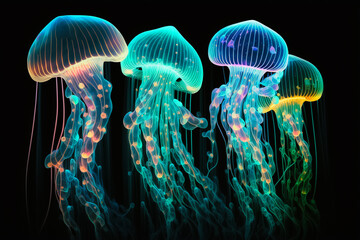 The Little Swimmer  cute illuminated Jellyfish. Generative AI