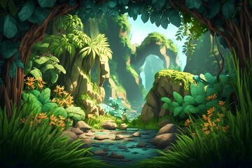 Bright rocky landscape of jungle or tropics in watercolor cartoon style.AI generated.