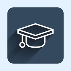 White line Graduation cap icon isolated with long shadow background. Graduation hat with tassel icon. Blue square button. Vector
