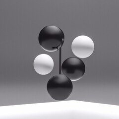 Black and White 3D Model of Balls. Elegant Wallpaper of Spheres in Air. Round Volumetric Circle Shapes. 3D Render Illustration of 5 objects.