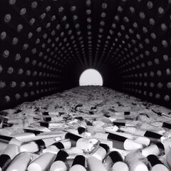 Bullets in the Tunel. Black and white Illustration of object Circle shaped. 3D model wallpaper made in Generative AI