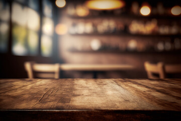 Table en bois vide, vue de dessus, avec un fond restaurant bar flou (AI) - obrazy, fototapety, plakaty
