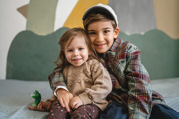 siblings portrait caucasian boy and girl brother and sister at home - Powered by Adobe