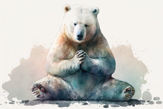  a watercolor painting of a polar bear sitting on its hind legs with its paws on his chest and arms crossed, with a white background.  generative ai