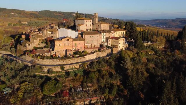 Aerial shot of Montefioralle, a village in Tuscany, Italy, a hamlet in the municipality of Greve in Chianti.