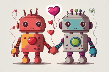 Robots in Love, Robot Couple Illustration, Cute Robot Character Print, Artificial Intelligence Love, AI Love, Colorful Child Art, Robot Friends Sticker, Technology