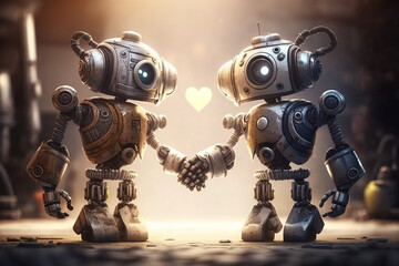 Robots in Love, Cute Robot Character Art, Artificial Intelligence Love, AI Love, Robots holding hands, Robot Couple Print, 3D Render