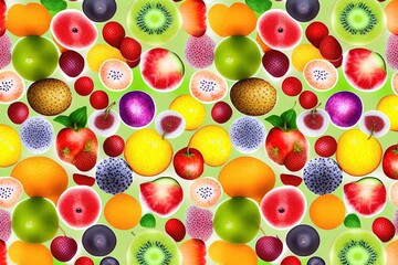  a lot of fruit that are on a green surface with leaves and fruit on the bottom of the image, and a lot of fruit on the bottom of the image.  generative ai