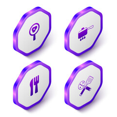 Set Isometric Fried eggs on frying pan, Cooking pot fire, Crossed knife and fork and Spatula icon. Purple hexagon button. Vector