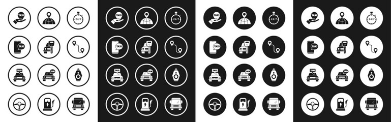 Set Stopwatch 24 hours, Car rental, Taxi call telephone service, Hand map pointer with taxi, Route location, Location the globe, key remote and car icon. Vector