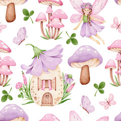 Seamless pattern with elf girl, magic house, mushrooms, butterflies. Kids endless print.Vintage fairy © Victoria