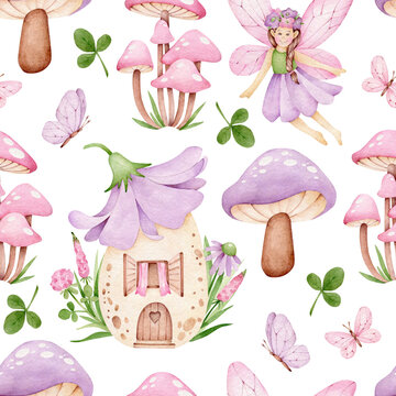 Seamless pattern with elf girl, magic house, mushrooms, butterflies. Kids endless print.Vintage fairy