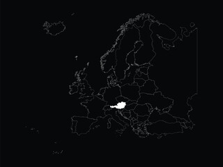 White map of Austria within map of European continent on black background