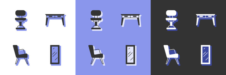 Set Big full length mirror, Office chair, Armchair and desk icon. Vector