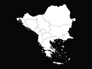White map of Balkan peninsula countries on black background