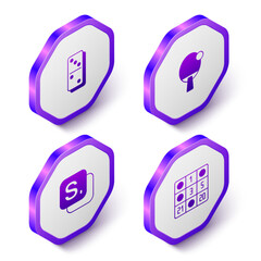 Set Isometric Domino, Racket, Bingo and card icon. Purple hexagon button. Vector