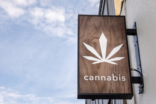 Cannabis dispensary sign, marijuana leaf, logo, legal marijuana, business.