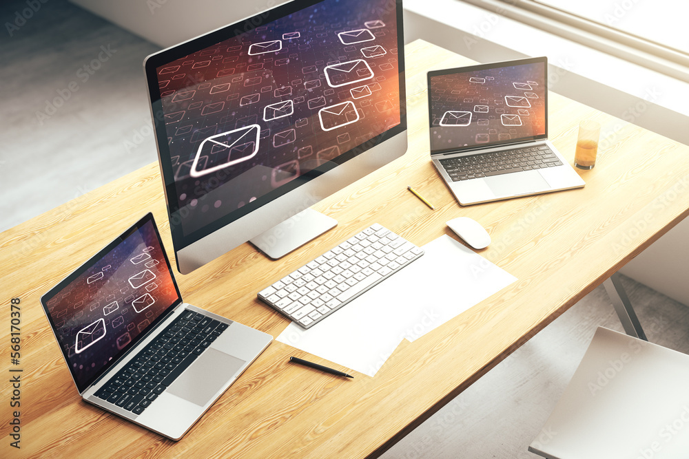 Poster Modern computer monitor with postal envelopes hologram. Electronic mail and spam concept. 3D Rendering