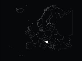 Fototapeta na wymiar White map of Bosnia and Herzegovina within map of European continent on black background