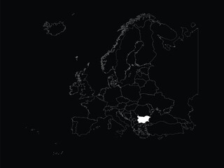 White map of Bulgaria within map of European continent on black background