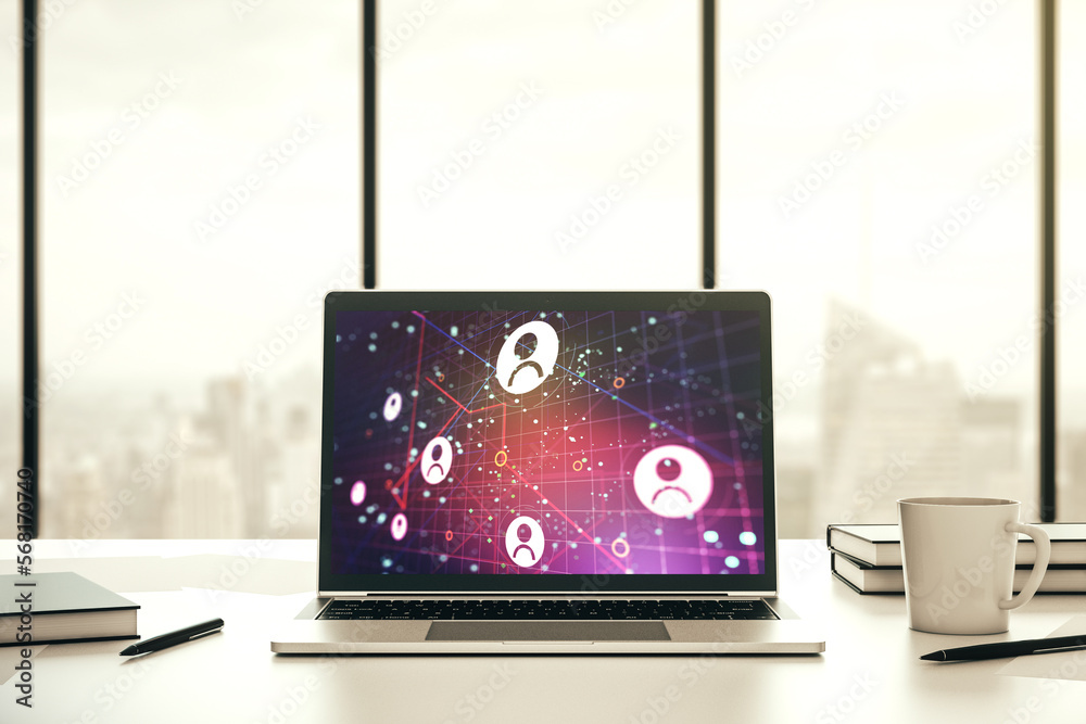 Poster modern computer display with social network icons concept. networking concept. 3d rendering