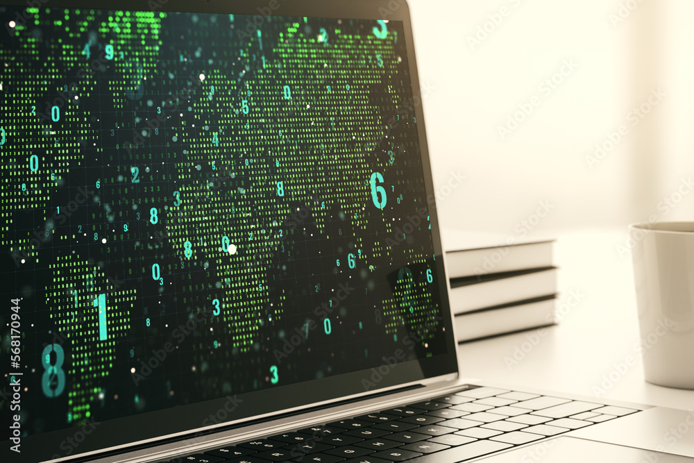 Poster modern computer display with abstract programming language hologram and world map, artificial intell