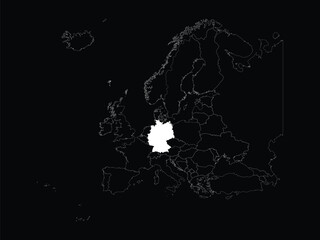 White map of Germany within map of European continent on black background
