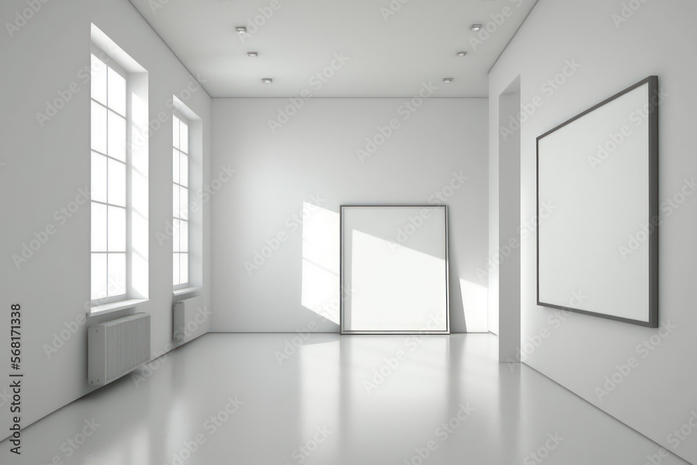 Sticker bright, contemporary gallery with a white wall. generative ai