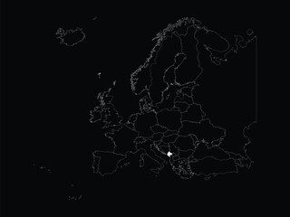 White map of Montenegro within map of European continent on black background