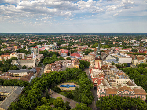 The drone aerial view of city Subotica, Serbia. Subotica is a city and the administrative center of the North Bačka District in the autonomous province of Vojvodina, Serbia. 