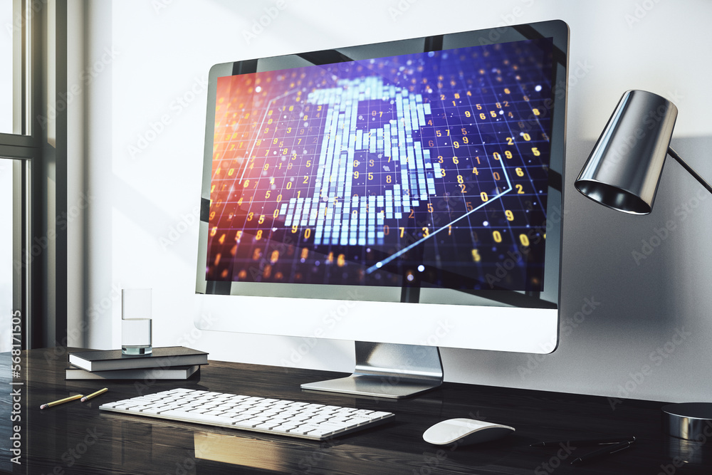 Poster Modern computer monitor with creative Bitcoin symbol. Cryptocurrency concept. 3D Rendering
