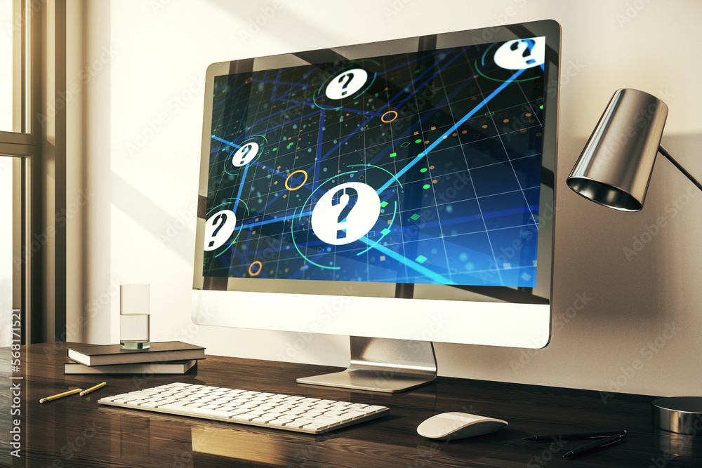 Aufkleber Modern computer monitor with question mark hologram. Sociology and psychology concept. 3D Rendering