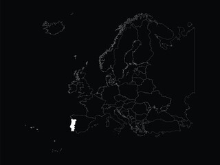 White map of Portugal within map of European continent on black background