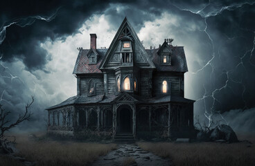 backdrop music for a horror film. spooky house. dramatic sky, a dilapidated house, and light coming through the windows. Generative AI