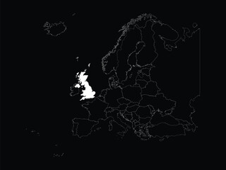 Obraz premium White map of United Kingdom within map of European continent on black background