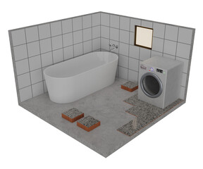 Bathroom restoration interior isometric view with bathtub, 3d rendering