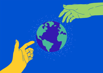 Planet Earth and human hands. Earth day poster, card, flyer. World environment day. Hand reaching out to each other. Save the planet concept. Impact on space. Human hand manipulating planet Earth