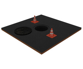 3d rendering isometric road with open culvert and traffic cones
