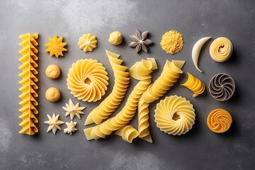 Fototapeta premium a number of different types of pasta on a gray surface with stars and swirls on it, and a star shaped pasta cutter next to it. generative ai