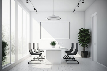 An empty office with a white wall in front of a large window and a meeting table. fresh workplace design idea. Generative AI