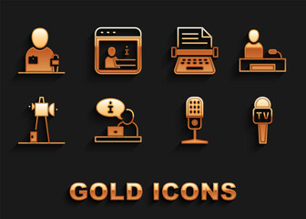 Set Television report, Microphone, Antenna, Retro typewriter, Journalist news and Information icon. Vector