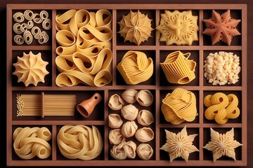  a wooden tray filled with different types of pasta and other items to make it look like it is made out of pasta shells and other things.  generative ai