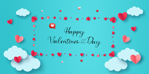 Valentine's Day Poster or banner with frame of sweet hearts and sweet gifts on blue background. Promotion and shopping template or background for Love and Valentine's day concept